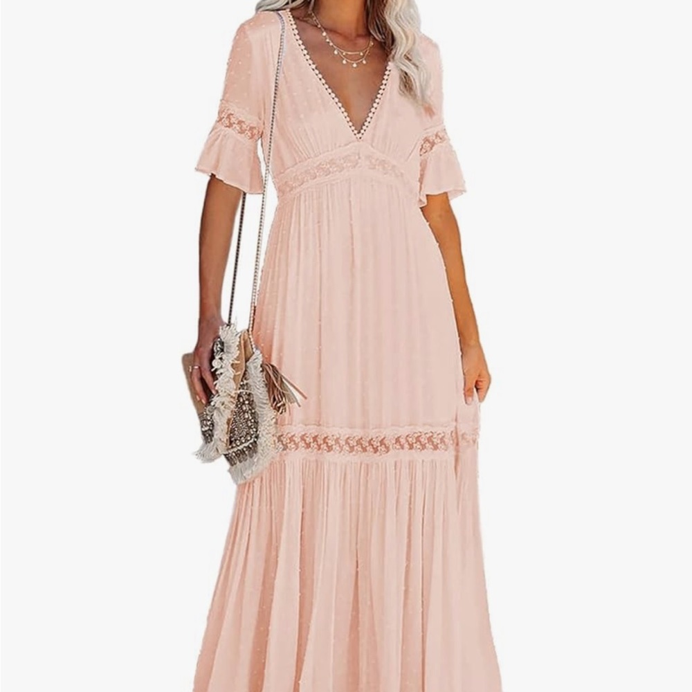 NEW 2XL Light Pink XXL Boho Swiss Dot Lace Tiered Deep V Neck Maxi Lined